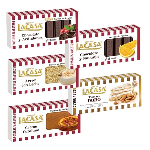 Pack Surtido 5 Turrones Lacasa:Arroz con Leche, Chocolate y Arándanos, Chocolate y Naranja, Crema Catalana, Duro