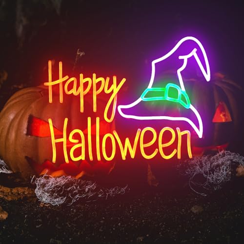 Happy Halloween Neon Sign 26 Inch Led Halloween Witch Hat Light for Wall Decor Halloween, Bedroom, Birthday Party, Bar Shop