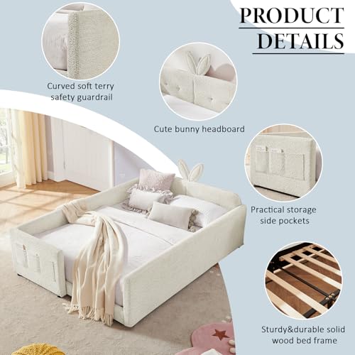 Image of Queen Size Bed Frame for Kids, Upholstered Daybed Frame Floor Bed with Safety Rails and Storage Pocket Cute Rabbit Ear Shaped Headboard for Kids Teens Boys Girls, Beige