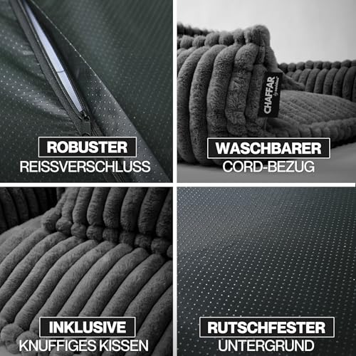 noviclass® Hundesofa Chaffar Hundebett | Orthopädische Matratze | Moderner Stil | Cord-Design Größen (Kohle, XL (120cm))
