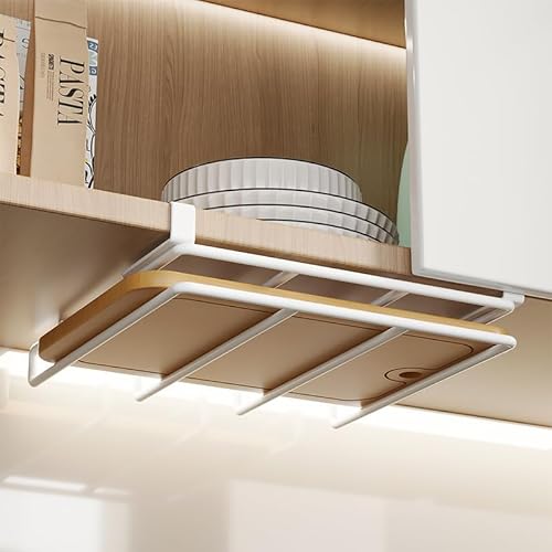 SVOHZAV まな板スタンド 吊り下げラック 戸棚下まな板ホルダー 多機能収納 ふきん掛け 戸棚下ラック 調理器具収納 スペース活用 キッチンペーパーホルダー 錆びにくい 取り付け簡単 省スペース (ホワイト, E162)