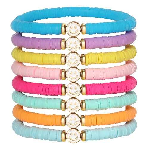 Image of Preppy Bracelets Set Colorful White Gold Smile Heart Star Polymer Beaded Pearl Clay Stackable Charm Y2K Kidcore Aesthetic Summer Beach Bohemian Stretch Layering Bracelets Jewelry for Girls Women Teens