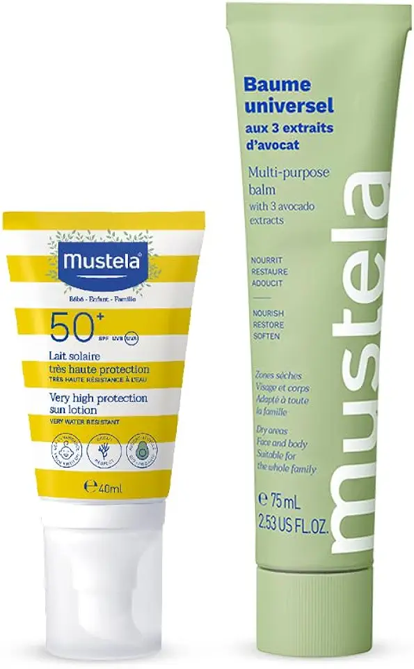 Mustela Combo Protetor Solar Infantil e Adulto FPS 50+ 40 ml Corpo e Rosto + Bálsamo Multifuncional Hidratante Para Áreas Ressecadas Do Corpo 75ml