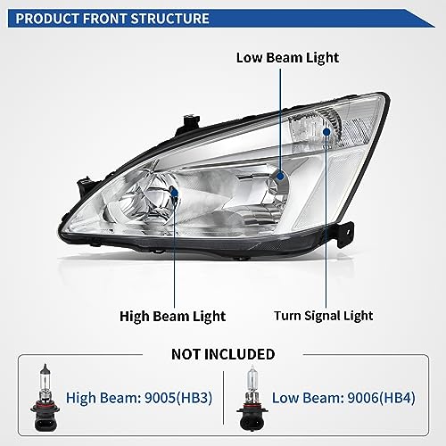 Image of oEdRo Headlight Assembly Compatible with 2003 2004 2005 2006 2007 Accord OE Headlamp Replacement Chrome Housing Clear Reflectors Clear Lens