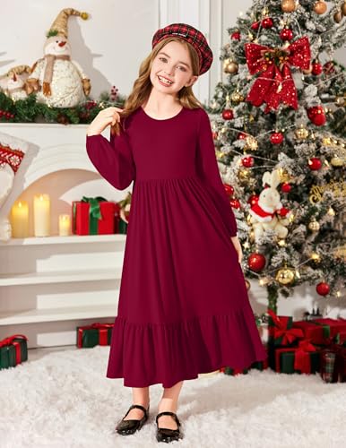 Image of Arshiner Girls Maxi Dresses Lantern Long Sleeve Casual Holiday Dress with Pockets for 5-14 Y