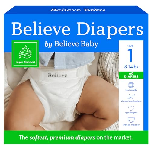 Believe Diapers Size 1 (8-14 Lbs) Viscose Bamboo Diapers 60 Count – Natural Baby Diaper, Chemical Free and Fragrance Free Natural Diaper for Sensitive Skin, Super Absorbent with Leak Protection