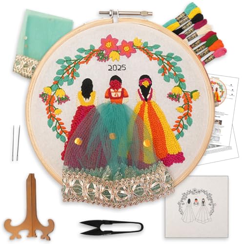 Image of picknMAKE Wedding Embroidery Kit for Beginners- DIY 3D Embroidery Hoop Art Featuring Bride & Sisters, Personalized Wedding Keepsake with Year Embroidery, Handmade Craft Kit for Gifting
