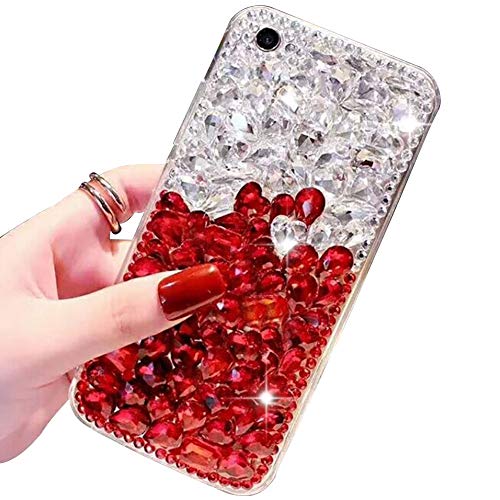 For iPhone 7 8 Cute Sparkle Jewels Case,Aearl TPU Soft Luxury 3D Handmade Stunning Crystal Rhinestone Bling Full Diamond Glitter Shinning Cover with Screen Protector for iPhone 8 7 - Clear and Red