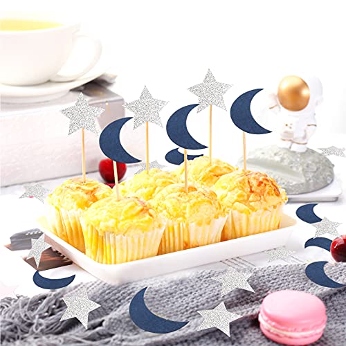Image of Navy-Blue Moon Silver Star Confetti - 300pcs Glitter twinkle little star Table Confetti,Ramadan Mubarak Decor Birthday Wedding Baby Shower Party Decorations Lasting Surprise