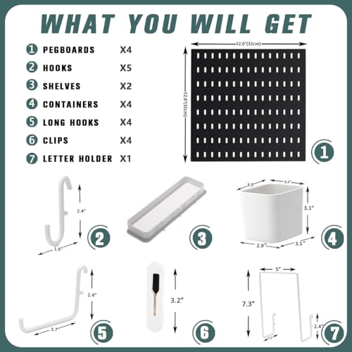 Pegboard Combination Kit, 25.2" x 25.2" Wall Mounted Storage Set with 4 Pegboards & 20 Accessories Hanging, Peg Boards Organizer - Image 5