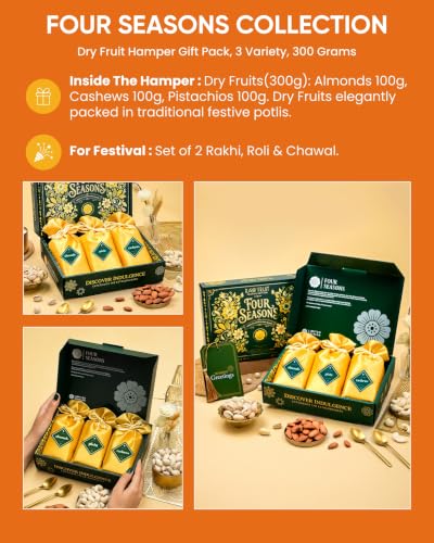 Image of HyperFoods Rakhi set for brother with dryfruit RawFruit Four Season's Dry Fruit Gift Box (300 grams) with Rakhi set of 2 Dry fruits gift pack Rakhi Gift Hamper for Brother