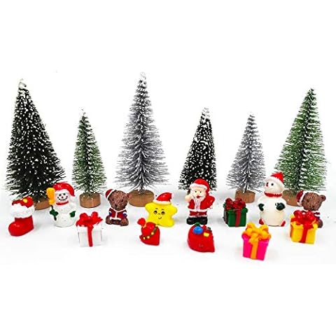 EMiEN 19 Pieces Christmas Miniature Ornament Kits Set for DIY Fairy Garden Dollhouse Decoration,Santa,Christmas Trees,Small Bear,Snowman, Red Socks,Gift Bags,Star Cover