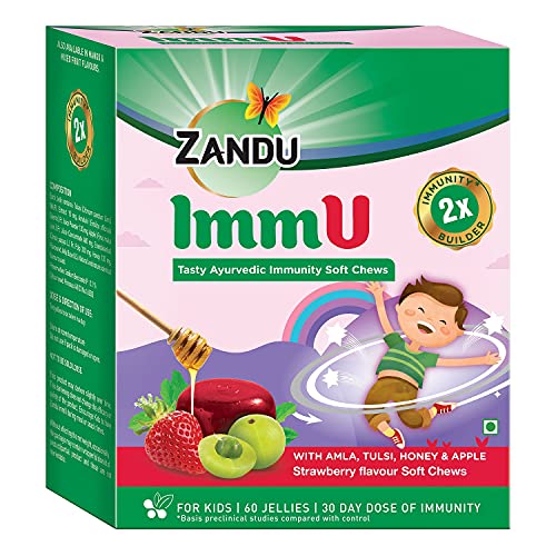 Zandu ImmU Tasty Ayurvedic Soft Chews For Kids, Strawberry Flavour (60 Jellies) Zandu ImmU Tasty Ayurvedic Soft Chews For Kids, Strawberry Flavour (60 Jellies)