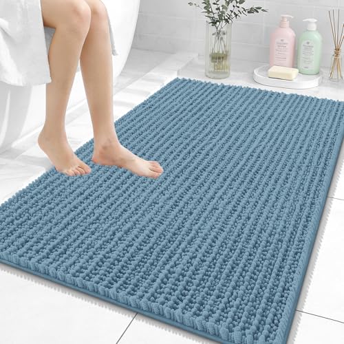 Image of OLANLY Bathroom Rug Mat 40x32, Thick Soft and Absorbent Chenille Bath Mat, Non-Slip Rubber Backing, Machine Washable Quick Dry Bath Rugs for Tub Shower Floor, Home Decor Accessories, Airy Blue