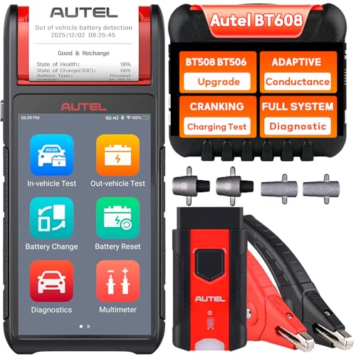 Autel MaxiBAS BT608 Automotive Battery Tester(Free Update) & Electrical System Analyzer 6V/12V (100-3000 CCA) Adaptive Conductance AutoVIN Electric Reset Cranking/Charging Test Built-in Printer