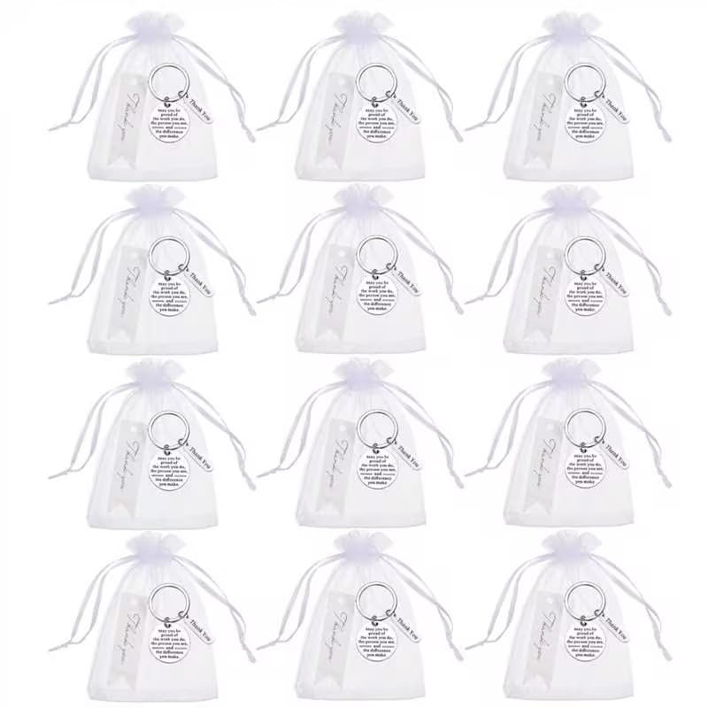 Yinkin 12 Sets Employee Appreciation Gifts Bulk for Coworkers Keychains Organza Bags with Cards for Staff Christmas Favors(Silver)