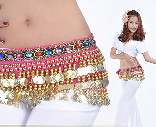 Image of VRITRAZ Women's Chiffon Belly Dance Hip Scarf Waistband Belt Skirt Mixed Colors Beads and Golded Coins 56 Black