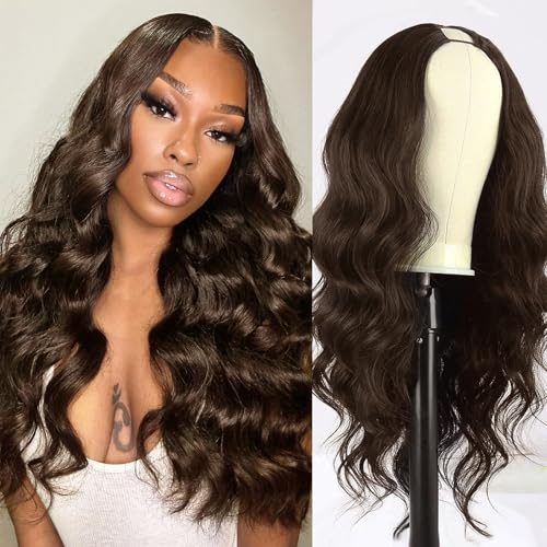 Mayou Dark Brown V Part Wig Long Body Wavy Upgrade U Part Synthetic Hair for Black Women 24Inch Full Head Clip In Hair Glueless Natural Wavy Women Wigs For Daily Use