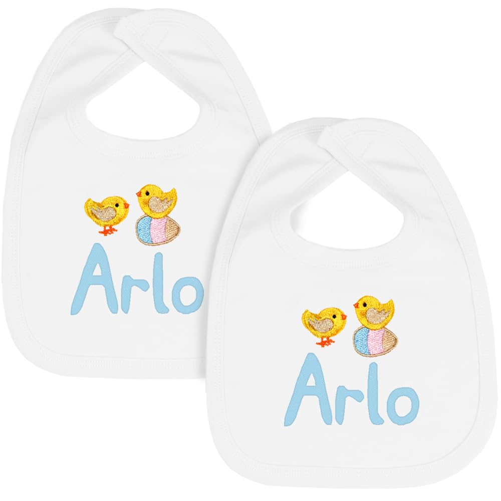 TeddyT's Personalised Baby Easter White Cotton Bibs (2 Bibs) (Blue Embroidery)