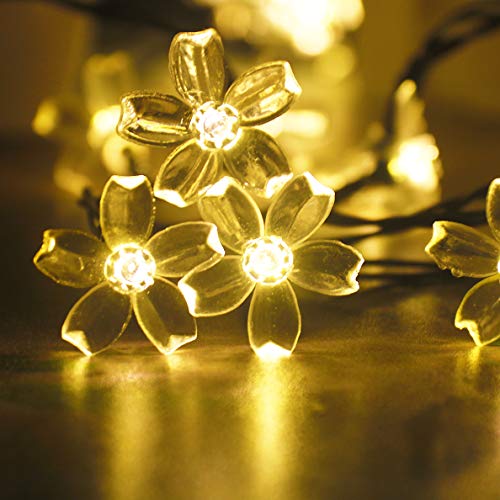 Mankinlu Solar Outdoor Cherry Blossom Strings Lights, 23 Feet 50 LEDs Solar Fairy Flower Lights Waterproof,Christmas Tree Lights,for Home, Lawn, Wedding, Patio,Party and Holiday Decorations Warm White
