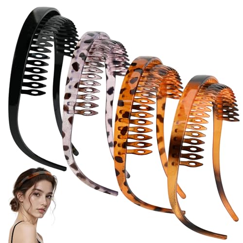 4 PCS Square Headband for Women Glasses Wearers No Pressure No Headache Comfortable Hair Bands with Teeth for Medium Thick Hair Flex Sunglasses Zig Zag Plastic Headband Non-slip (Leopard Print)