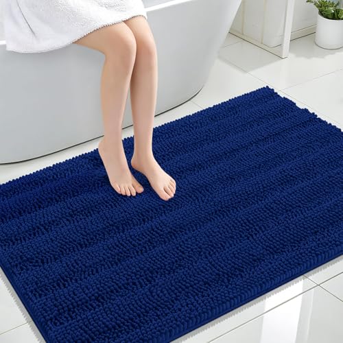 Image of OLANLY Thick Large Bathroom Rugs 47x32, Extra Soft Absorbent Chenille Striped Bath Rugs, Rubber Backing, Machine Wash Dry, Bath Mats for Bathroom Floor, Tub and Shower, Home Decor Accessories, Navy