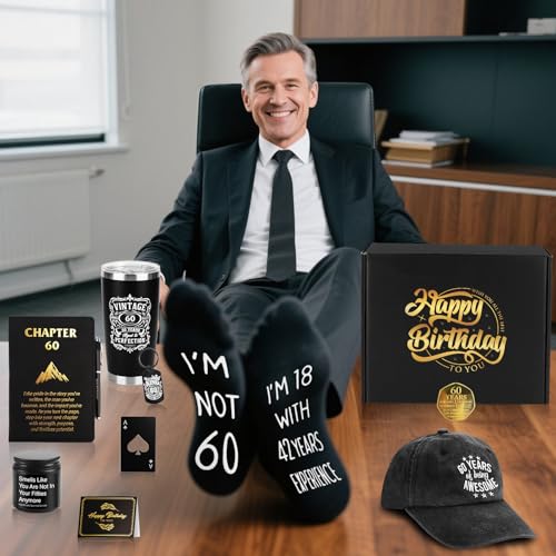 60th Birthday Gifts for Men - Unique Comprehensive Black & Gold Gift Box for Husband, Dad, Grandpa, Friends, Him