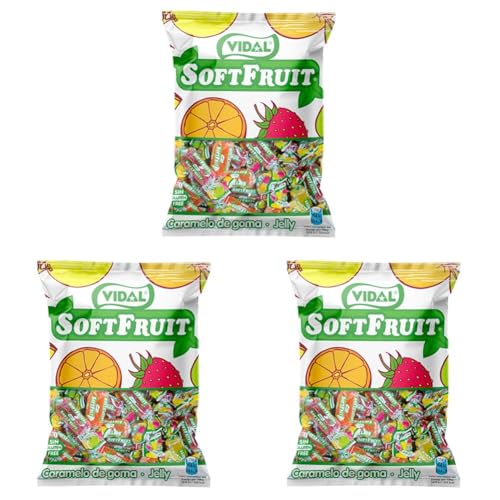 Vidal Golosinas. Soft Fruit, Caramelo de goma envuelto, Colores Amarillo, Rojo y Naranja, Sabores Piña, Limón, Naranja, Manzana y Fresa. Bolsa 1 Kg (Paquete de 3)