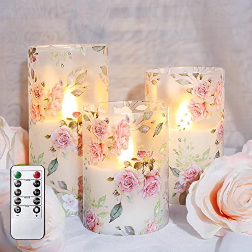 Image of MELTONE Rose Flameless Candles Love Theme Glass Pink LED Candles with Remote - Home Wedding Bedroom Room Christmas Valentine's Day Decor - Set of 3