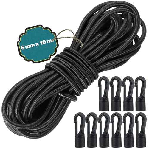 6 mm x 10 m Tendeur Elastique, Corde Élastique Noir avec 10 Crochets en Plastique, Sandow Elastique en Latex Solide et Durable pour Bâche de Remorque,...
