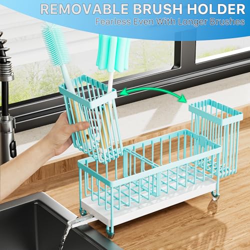 Image of Cisily Sponge Holder for Kitchen Sink, Sink Caddy Organizer with High Brush Holder, Kitchen Countertop Organizers and Storage Essentials, Rustproof 304 Stainless Steel (Turquoise, 9.25″)