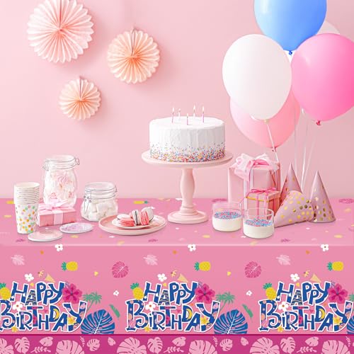 Image of Oudain 5 Pcs Cartoon Birthday Party Disposable Tablecloth Decoration Hawaiian Hibiscus Tropical Leaves Pattern Table Cloths 108'' x 54'' Luau Plastic Waterproof Rectangular Covers for Party (Pink)