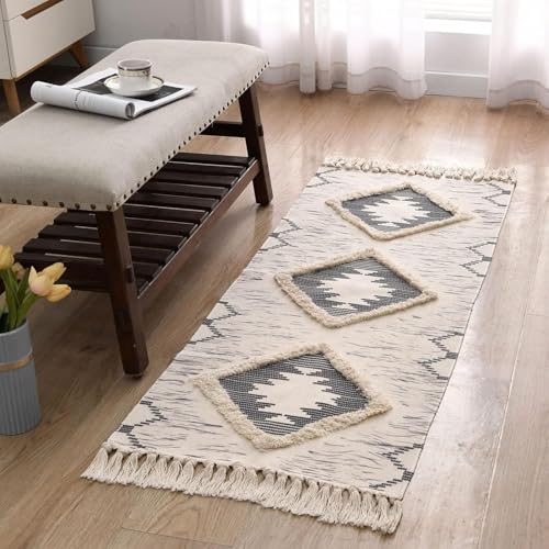Image of Hand Woven 100% Natural Cotton Export Quality Designer Rug,Carpet, Bed Side Runner for Bedroom,Living Room, Size-2x5 feet or 60 cms x 152 cms (Black Tuft)