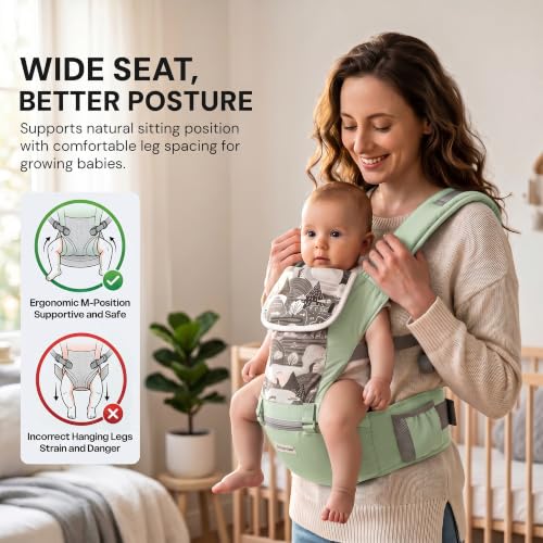 Image of Baybee 6-in-1 Baby Carrier for 0 to 3 Years with Hip Seat, Kangaroo Bag, Lumbar Waist Support, Breathable Mesh, Utility Pocket & Bottle Holder, Weight Up to 15 Kgs (Green)