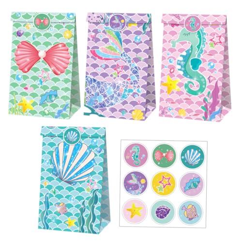 JOINPAYA Bolsas de Obsequio de Papel para Golosinas Pegatinas Decorativas, Diseño Fiesta Sirena, 12 Unidades (4 Estilos X 3 Piezas 2 Pegatinas), Ligeras y Fáciles de Plegar para Fiestas