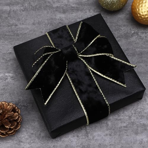 Image of Ribbli Black Velvet Wired Ribbon 1.5 Inch Metallic Black Gold Crushed Velvet Christmas Ribbon for Gift Wrapping Christmas Tree Decoration Crafts Wreaths Supplies-Continuous 10 Yards