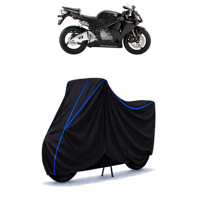 Image of CBR 600 RR Bike Cover Water Resistant Universal Motorcycle Rain | Heavy Duty UV Protection, Dust, Scratch Indoor Outdoor All Weather with Black Blue Piping Elastic