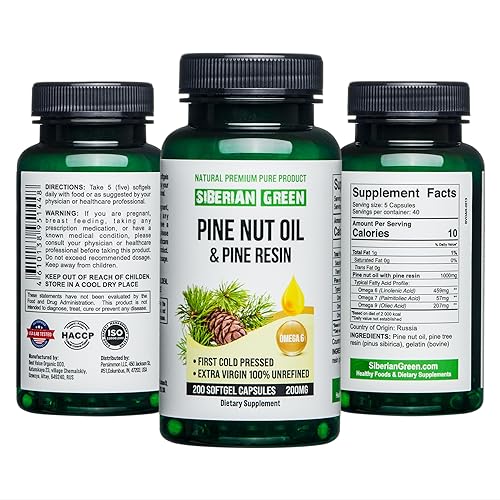 Aceite de nuez de pino verde siberiano con cápsulas de resina de pino, 200 cápsulas blandas,...