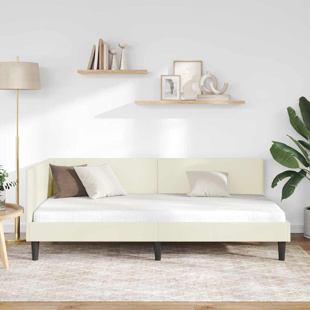 Telaio per letto angolare con testiera color crema, 100 x 200 cm, a forma di L, salvaspazio come divano o letto, design moderno, robusto telaio in legno per camera dei ragazzi, camera degli