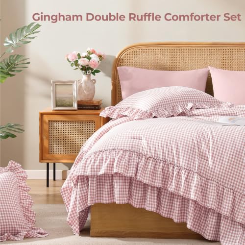 Image of Full Size Comforter Set Pink Gingham Ruffle 7 Pieces Farmhouse Bed in a Bag | Shabby Chic Fluffy Bedding Sets with Sheets, Pillowcases & Shams