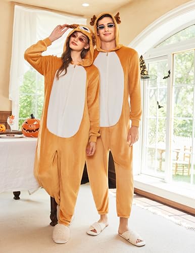 Ekouaer Tier Jumpsuit Kostüm mit Reißverschluss & Kapuzen Fleece Onesie Schlafanzug Fasching Halloween Cosplay Karneval Einteiler (Herren, Damen, Unisex) Rentier, L
