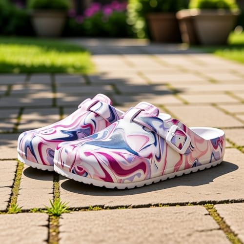 Image of Eliogn Women's Garden Clogs with Print, Waterproof Slip Resistant Work Clogs, Lightweight EVA Slip-On Mules, Cushioned Comfortable Shoes for Nurse, Chef, Kitchen, Beach