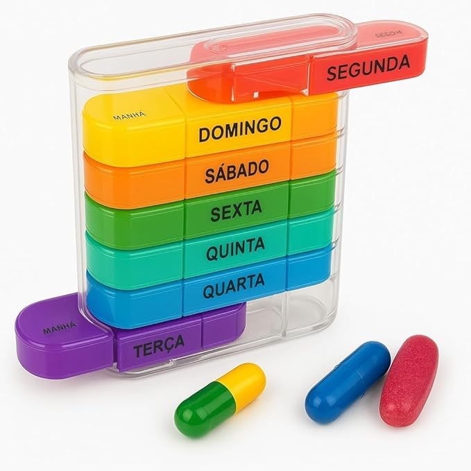 Porta Comprimidos Semanal Caixinha de Remédio Organizador de Medicamento Estojo Diário Cápsulas Casa Buritis