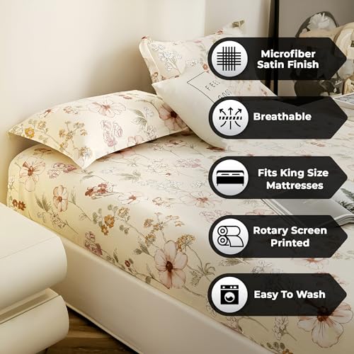 Image of Story@Home Cloud Cotton Fitted BEDSHEET (72 X 78 Inch) 360 Elastic King Size with 2 Pillow Covers | Super Soft Bed Sheet for King Size Bed Floral Design (White, Red)