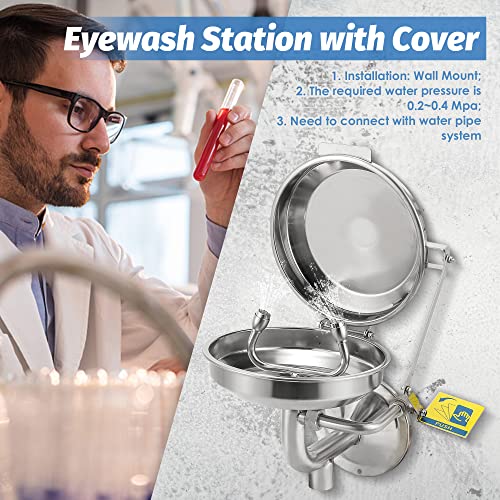 Frifreego Eye Wash Station With Cover, Emergency Eyewash Station Osah Approved, Wall Mounted Eye Wash Unit, Stainless Steel Plumbed-Sink-Type Eye Wash Station, With A Free Emergency Sign, Large Bowl #TOP1