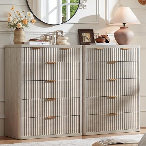 Image of LEYAOYAO Fluted 6 Drawers Dresser for Bedroom Set of 2, 42 inch Tall Modern Chest of Drawers with Metal Handle, Curved Profile Design,Wood Drawer Organizer for Bedroom, Living Room, Hallway,Lightgrey