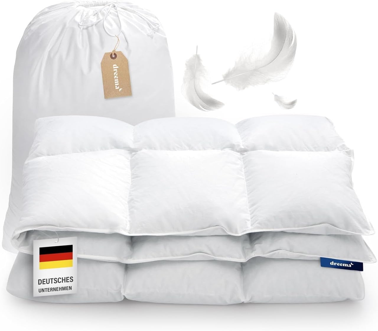DREEMA Original leichte Feder- und Daunendecke 200x220 | Extra flauschig, anschmiegsam & voluminös | in Deutschland gefertigt | Downpass Zertifiziert | Allergiker geeignet | Baumwollbezug