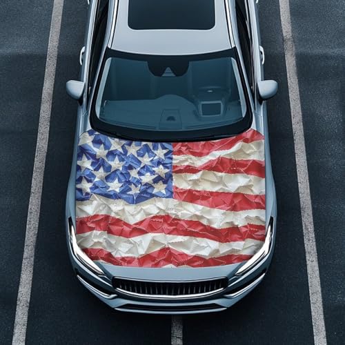 Image of American Flag Waterproof Car Cover Polyester Elastic Fabrics Patriotic Car Hood Cover Suitable for Auto Car Truck, Van, SUV, Pickup