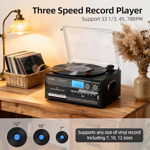 Image of Vinyl Record Player Built-in Speakers 10 in 1 Vintage Turntable with CD Cassette Tape AM FM Radio Function 3 Speed BT Input Output LP Player Support USB SD AUX RCA Playback Auto Stop Retro Wood Black