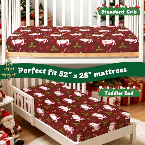 Image of JISEN Christmas Fitted Crib Sheets for Boys Girls 52x28 Inch Santa Red